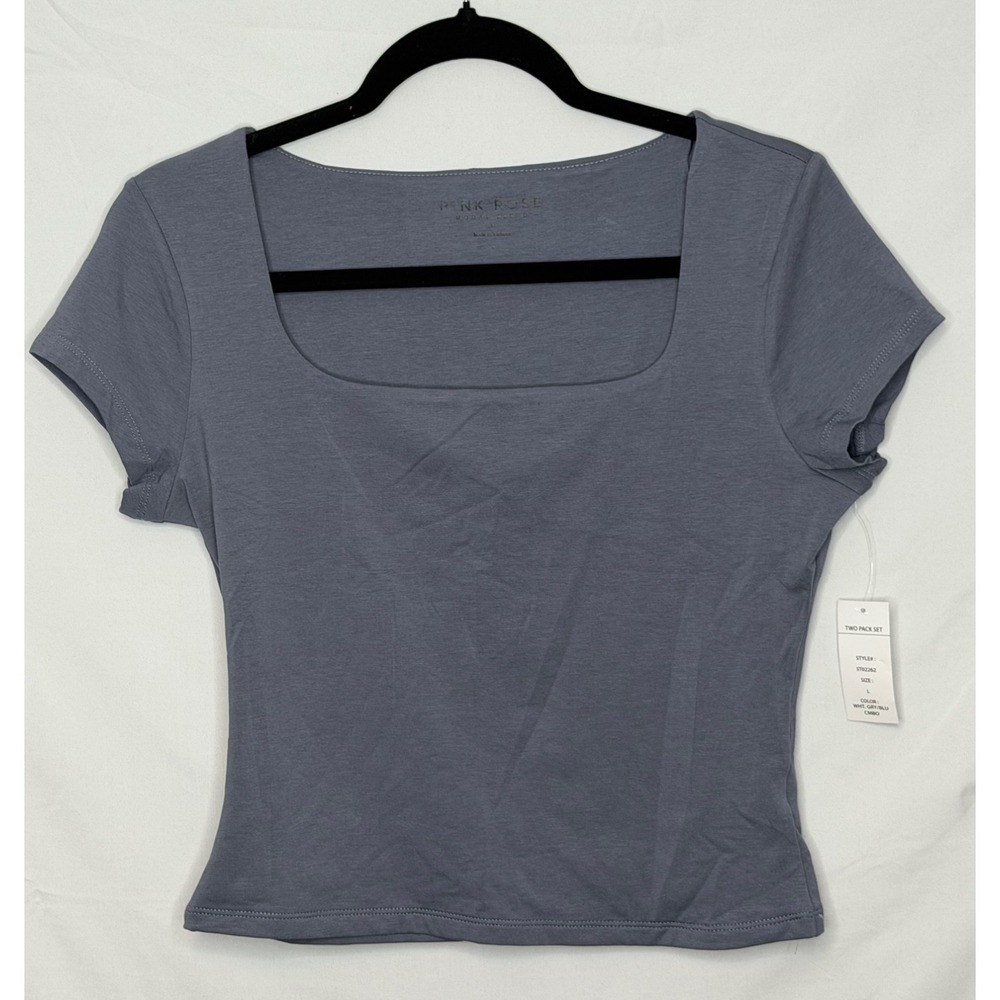 Pink Rose Modal Blend‎ Square Neck Fitted Tee Gray Blue Short Sleeve NWT L Large